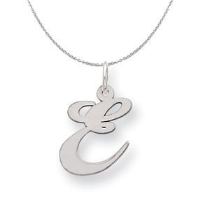 Silver, Ella Collection Medium Fancy Script Initial E Necklace - 20 In